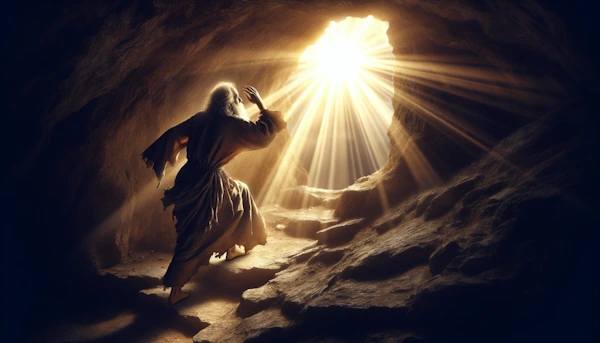 philosopher exiting cave and facing sun